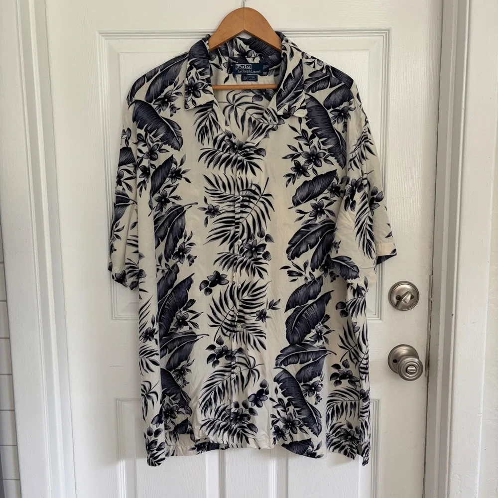 Polo Ralph Lauren Clayton Shirt XXL Navy Hawaiian Aloha Tropical Viscose Palm